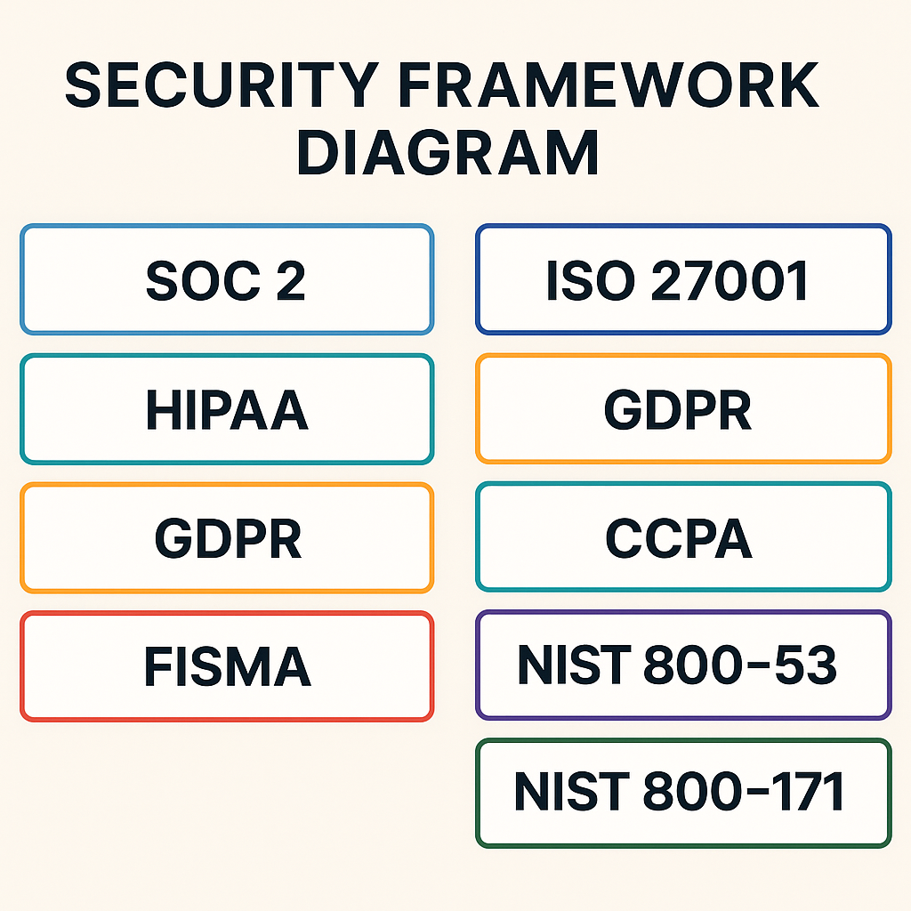 framework-keamanan-siber Diagram Framework Keamanan Siber: SOC 2, ISO 27001, HIPAA, GDPR, CCPA, FISMA, NIST 800-53, NIST 800-171